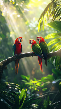 Three colorful parrots perched on a branch in tropical rainforest  