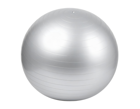 A silver exercise ball with horizontal ridges designed for fitness, balance, and physical therapy workouts.