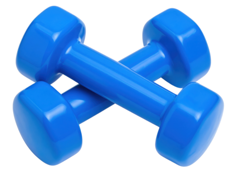 A pair of blue plastic-coated dumbbells arranged in a cross formation, used for weight training and fitness exercises.