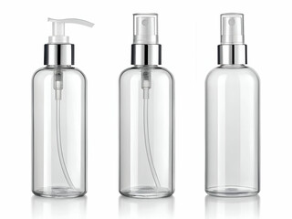 Transparent spray bottles with silver nozzles on white background