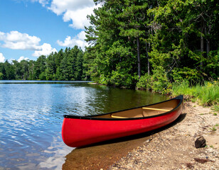A bright red canoe rests peacefully on the sandy shore of a calm forest lake, surrounded by lush green trees under a vibrant blue sky filled with fluffy clouds.