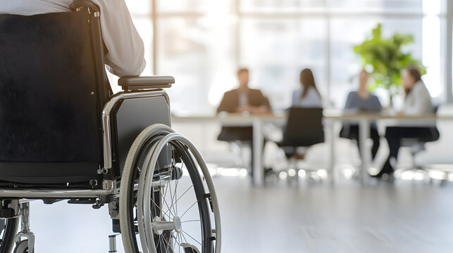 A wheelchair in the foreground with a group of people in a meeting in the background in a bright office setting.