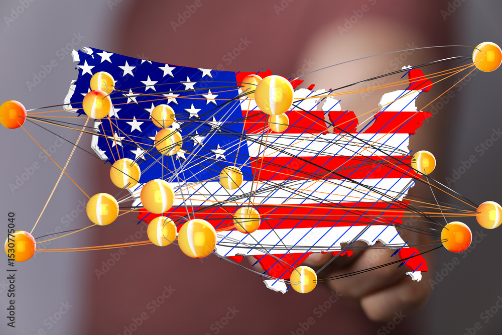 Poster Digital network across the USA, connecting states.  Data flow visualization.