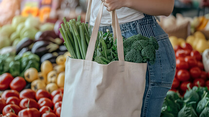A person holding a reusable tote bag filled with fresh green vegetables at a vibrant farmers market.