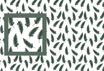 Botanical foliage white pattern wallpaper. Dark green leaves feathers illustration.
