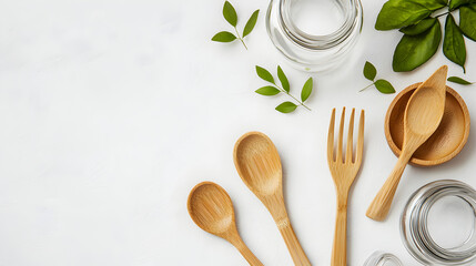 Wooden spoons and fork arranged next to glass bowls and green leaves on a white surface, evoking a natural and eco-friendly kitchen setting.