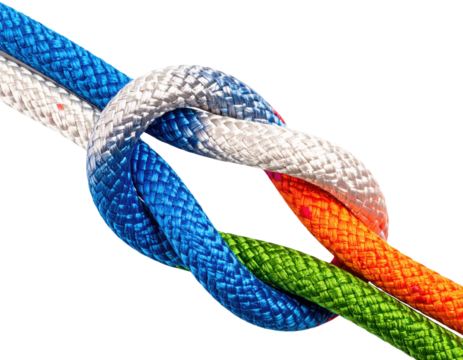 A close-up of a colorful, braided rope knot featuring blue, white, green, and orange strands tightly intertwined.