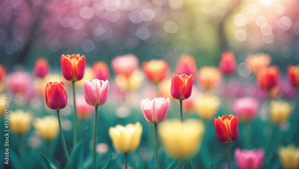 Poster blur background of colorful tulips blooming in a garden with soft bokeh background.
