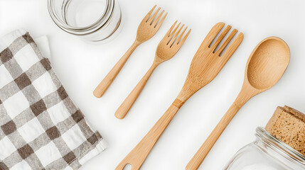 A flat lay of wooden kitchen utensils, a glass jar with a cork lid, a glass cup, and a checkered cloth on a white surface.