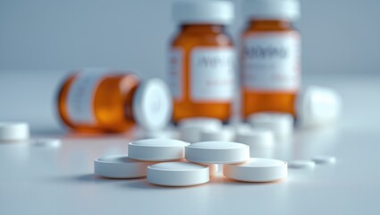 Close-up of a group of white tablets with a prescription bottle in the background appearing out of focus.