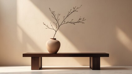 Clay Pot on a bench positioned beside a textured wall.