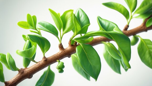 Branch featuring young new opening leaves of chestnut in early spring. Isolated on white background.