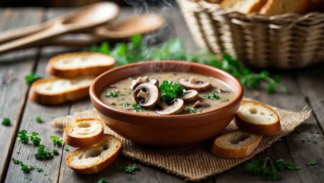 A bowl of creamy mushroom soup garnished with sliced mushrooms and parsley, served alongside toasted baguettes on a rustic table. - Powered by Adobe