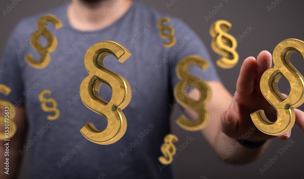 Poster abstract image of a person interacting with golden paragraph symbols, representing legal concepts.