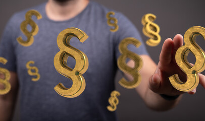 Abstract image of a person interacting with golden paragraph symbols, representing legal concepts.