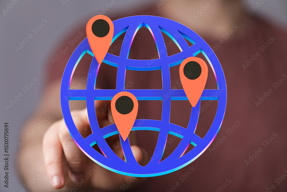 Poster illustrative image of a digital globe with location markers, representing global reach and connectiv