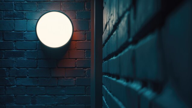 Blank circle sign mockup set against the urban environment, on the building facade, offering empty space to showcase your store sign or logo