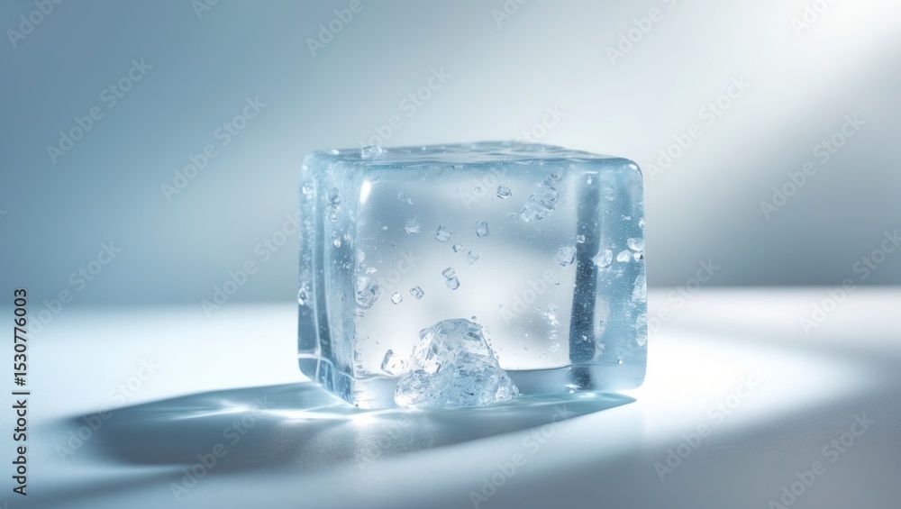 Poster clear ice block resting on a white surface.