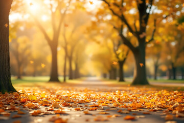 Autumn park alley with golden leaves