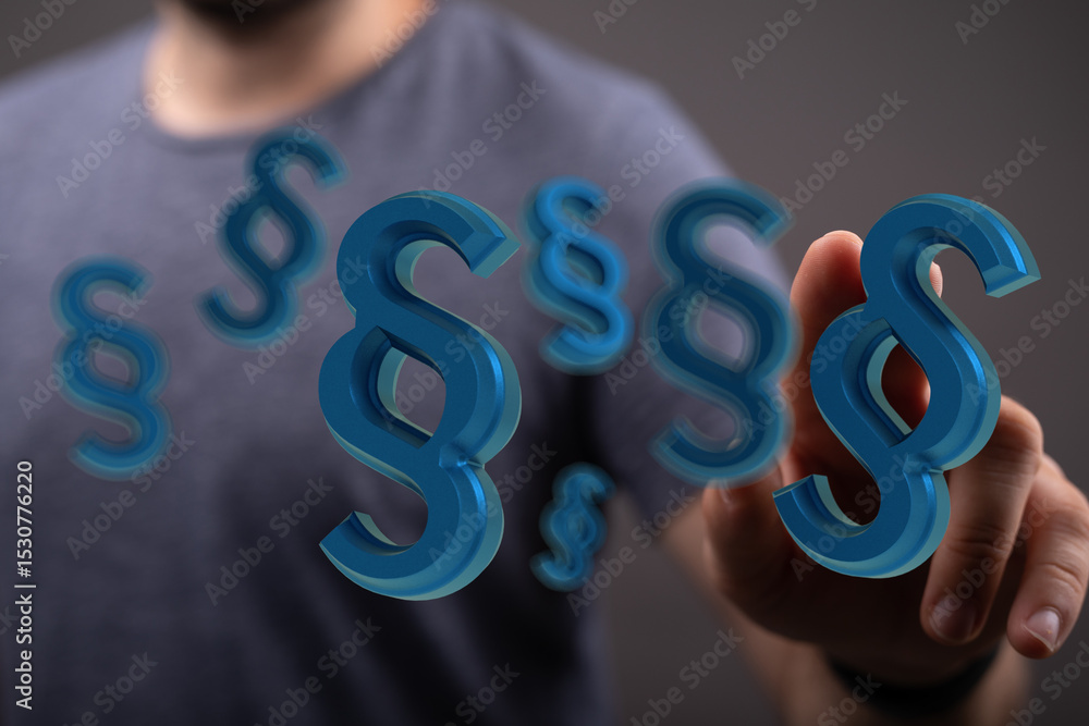 Poster Abstract image of 3D paragraph symbols floating above a hand, representing legal concepts and digital law.