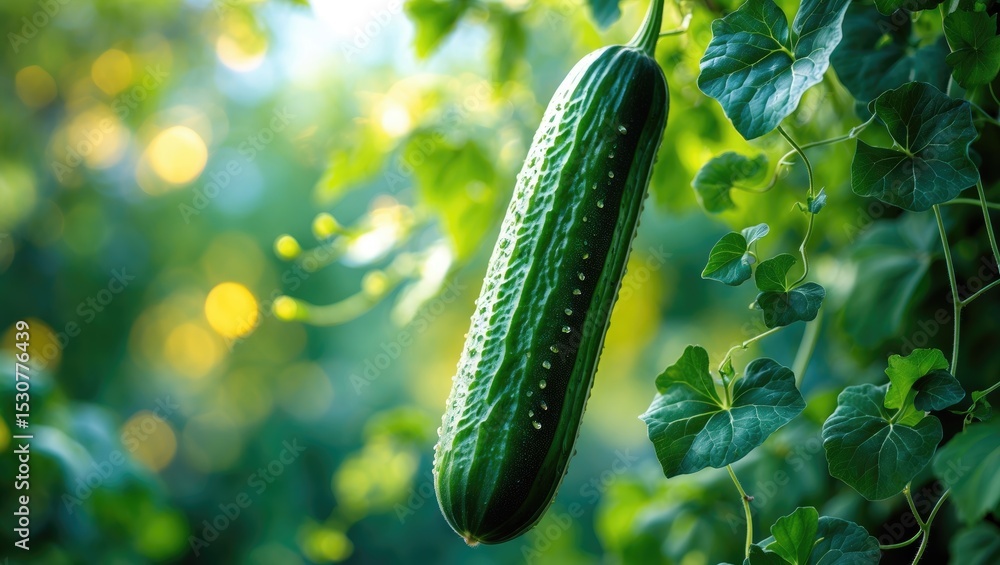 Poster close-up of a cucumber hanging from vine.