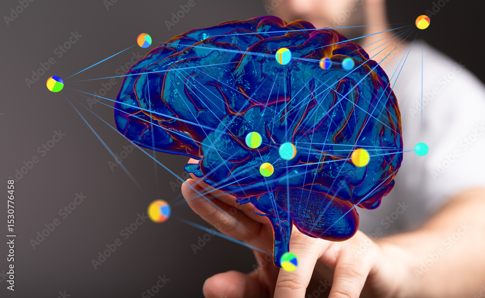 Poster Abstract image of a human brain with neural network connections.  Ideal for AI, technology, and neuroscience concepts.