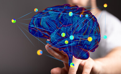 Abstract image of a human brain with neural network connections.  Ideal for AI, technology, and...