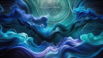 Obraz premium Futuristic abstract image featuring Ci-fi elements with a mysterious ultra-fine geometric grid pattern floating over a blue glowing phosphorescent rock background.