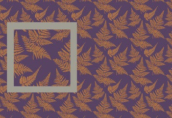 Botanical foliage purple pattern wallpaper. Golden leaves, yellow fern branches illustration. Victorian provence style