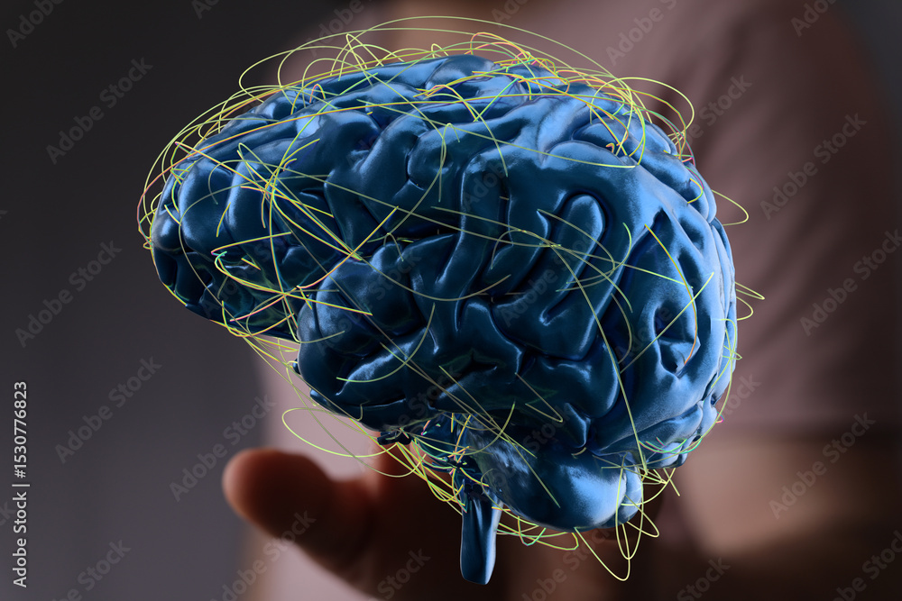 Aufkleber 3D render of human brain with glowing neural pathways.  Concept for AI, neuroscience, technology.