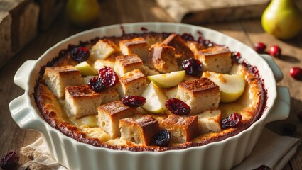 Bread pudding breakfast casserole with pear and dried cranberry, a delicious morning dish featuring fruit and dried fruit ingredients.
