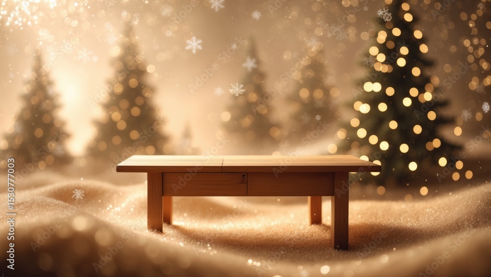 Poster empty wooden table with an abstract blurred christmas tree and snow falling background with bokeh, h