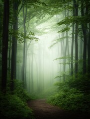 Naklejka premium Serene forest pathway surrounded by lush green trees and misty atmosphere, inviting exploration