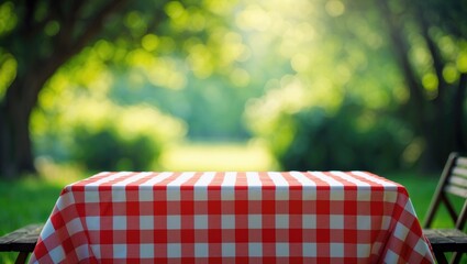 Checkered red picnic table cloth on a blurred natural background with empty space.