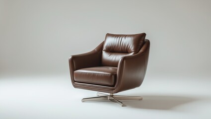 Brown leather modern and luxury armchair with metallic legs isolated on white background.