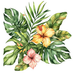 Tropical Watercolor Bouquet. Hibiscus, Monstera, Palm Leaves Arrangement.