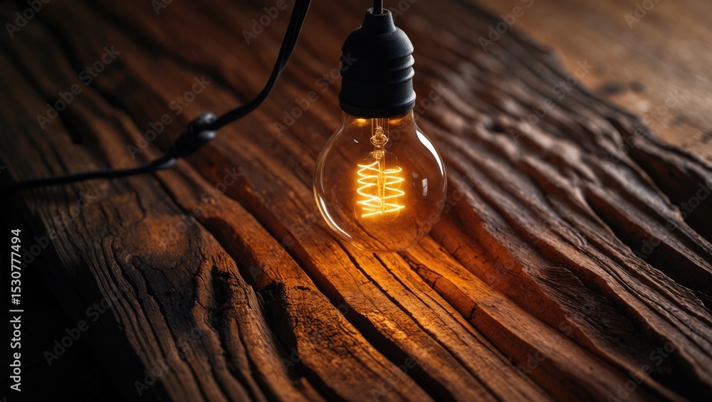 Poster burning bulb lamp on a wooden surface background with copy space. new idea. billboard. message board