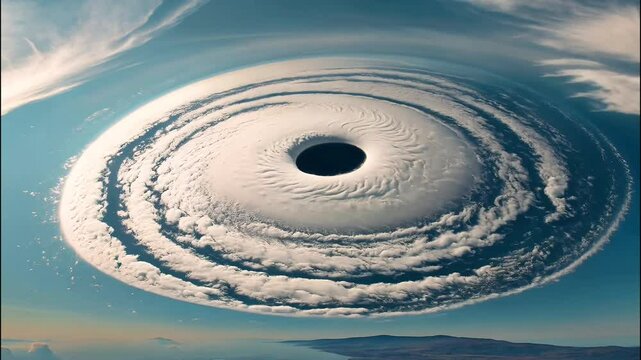 4K time-lapse of a swirling hurricane, dramatically showcasing its well-defined eye and spiraling cloud formations.  the storm&rsquo;s immense power and graceful rotation unfold with breathtaking clarity