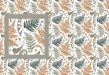 Botanical foliage white pattern wallpaper. Multicolored leaves fern branches illustration. Victorian provence style