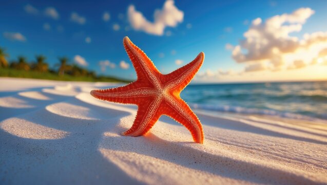 Caribbean starfish on a wavy white sand beach, representing the ideal summer vacation.