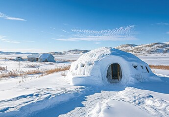 Snow Covered Igloo in Winter Landscape Under Blue Sky