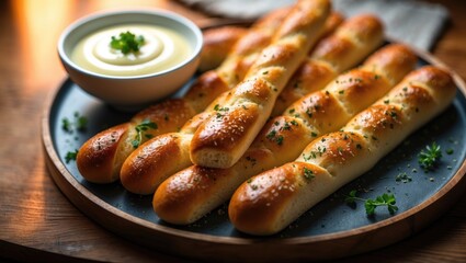 Bread sticks with sauce are a delicious snack or appetizer.