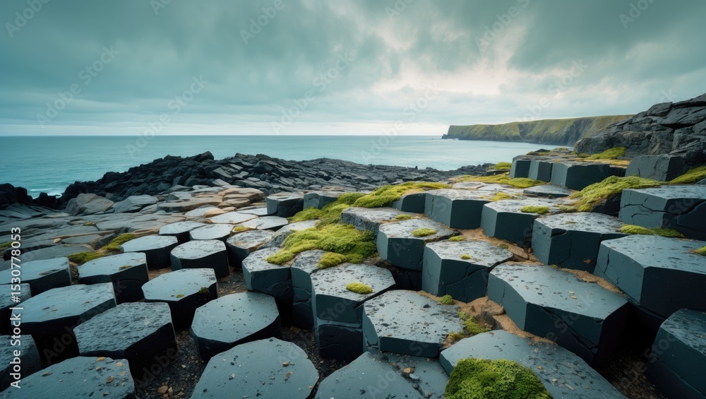 Poster close-up of hexagonal basalt columns formed by ancient volcanic lava flows cooling and cracking over