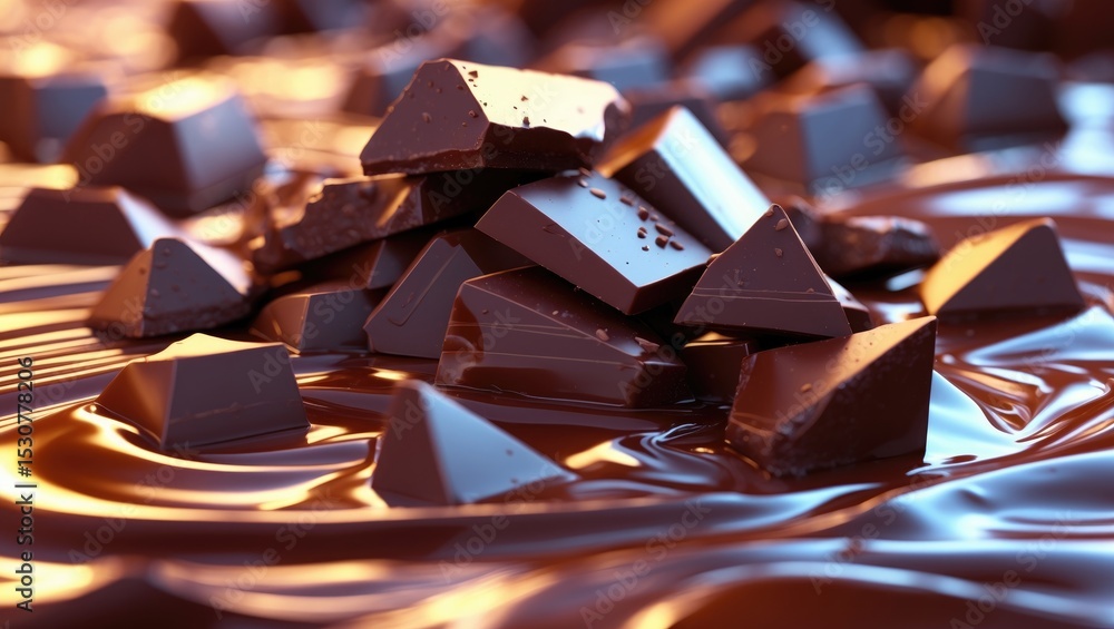 Poster close-up of chocolate chunks dropping into hot melted chocolate. splashing in wavy patterns. abstrac