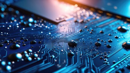 Close-up of circuit and computer motherboard on a high-tech background.