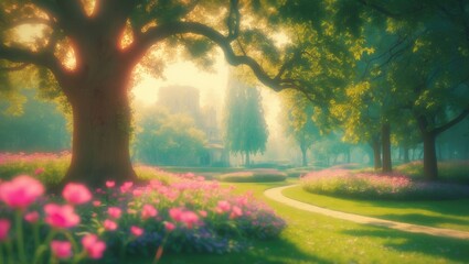 Obraz premium Blurry park background featuring trees and defocused people on a sunny day, producing a lively bokeh effect.