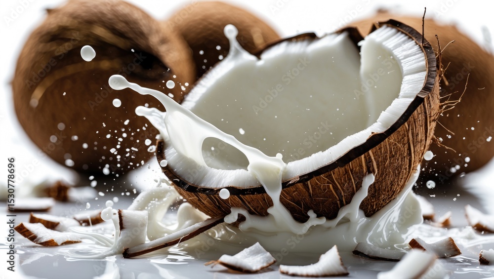Poster close-up of coconuts with a splash of milk. isolated on a white background.