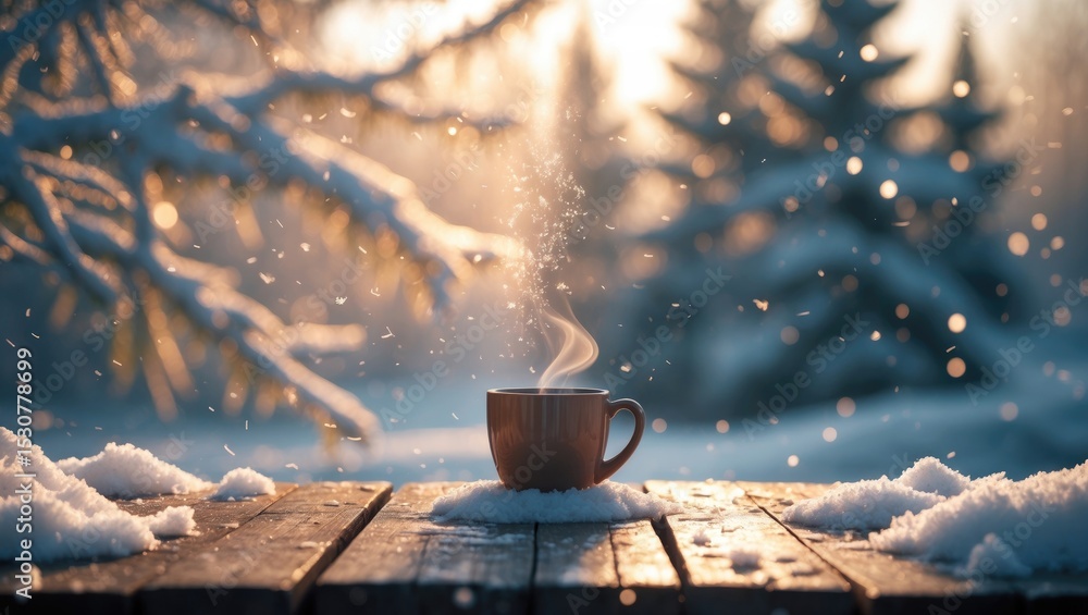 Poster blurred winter background and open space for you and the desk board.