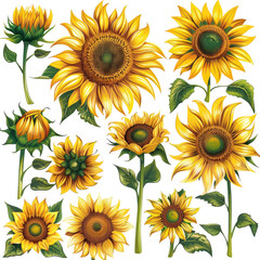 Sunflower Vector Collection On White. Floral Illustration For Backgrounds And Designs.