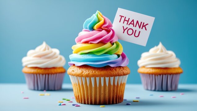 Vivid rainbow cupcake adorned with a thank you sign and colorful decorations